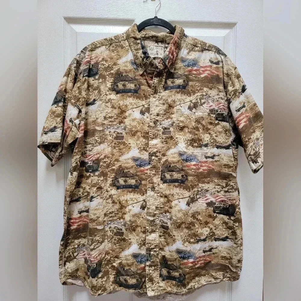 Red Head Men's Military Patriotic Desert Camo Button Down Short Sleeve Size XL